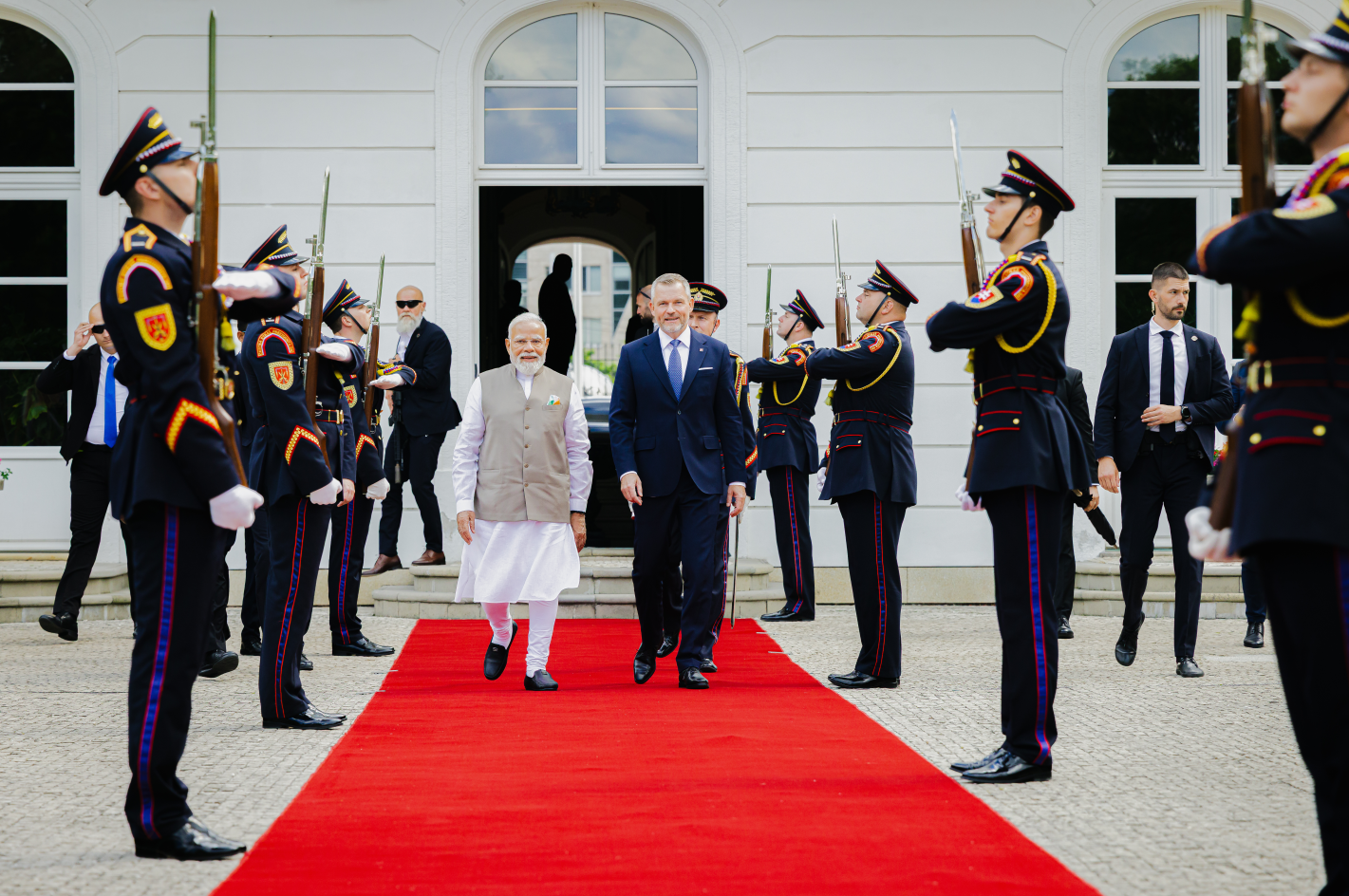 Hon'ble Prime Minister Shri Narendra Modi welcomed by President of Slovakia, H.E. Mr. Peter Pellegrini at the Presidential Palace in Bratislava, Slovakia