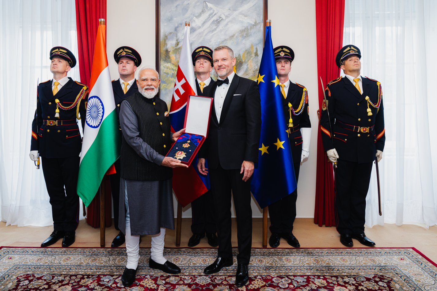 Hon’ble Prime Minister Shri Narendra Modi was conferred with the Order of the White Double Cross (1st Class) by the President of Slovakia, H.E. Mr. Peter Pellegrini at the       Presidential Palace